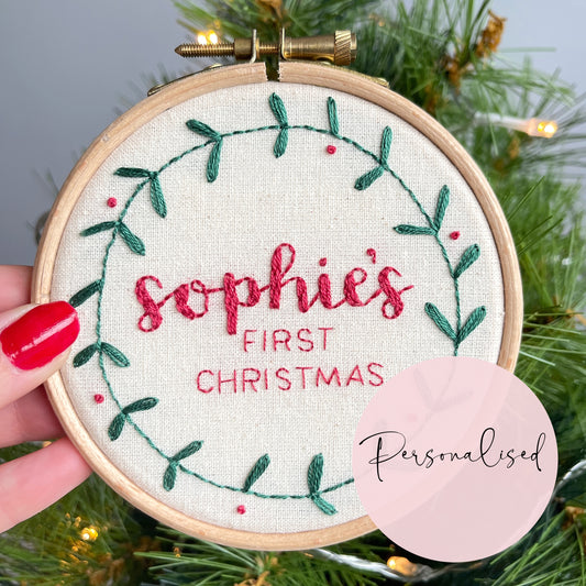 Baby's First Christmas Personalised Hand Embroidery Hoop
