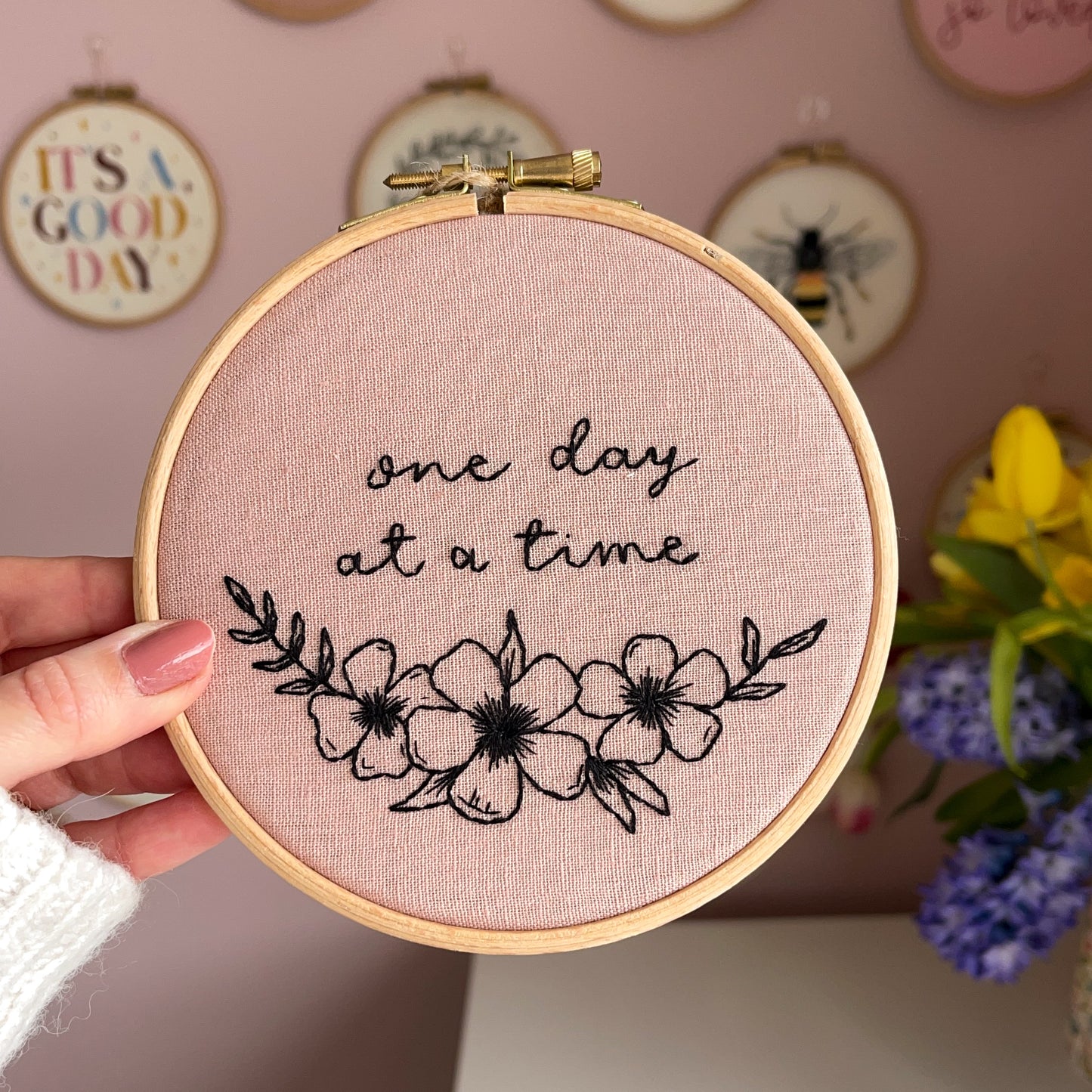 One Day At A Time Pink Hand Embroidery Hoop