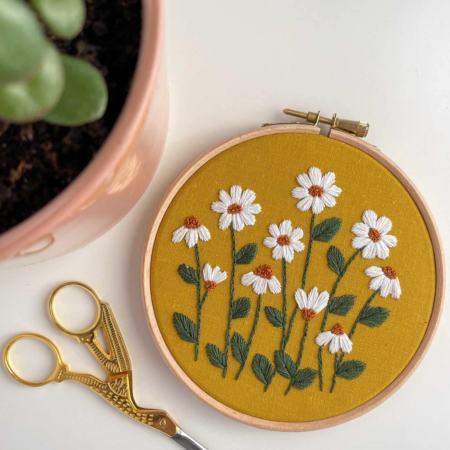 Mustard & Pink Daisy Hand Embroidery Hoop