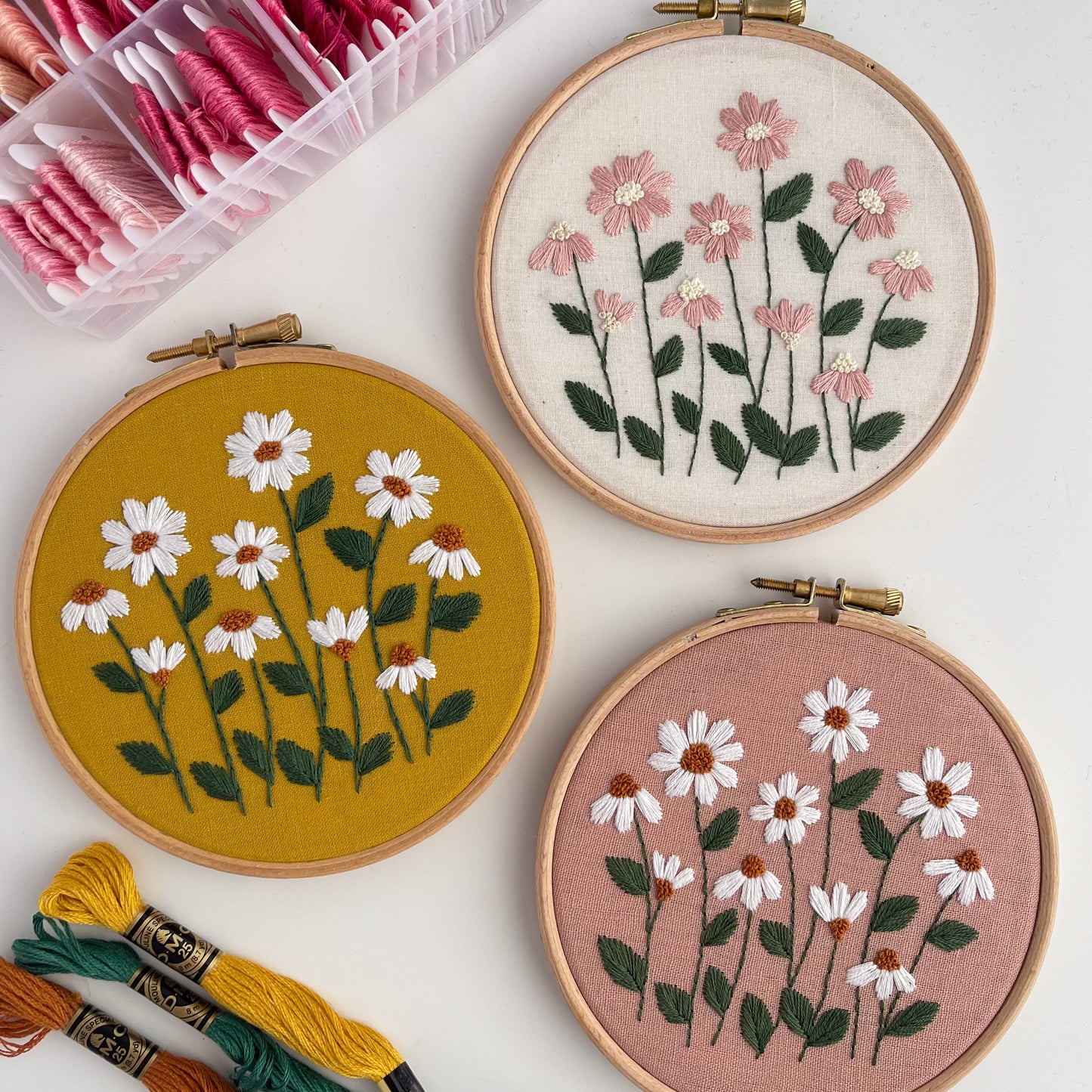 Mustard & Pink Daisy Hand Embroidery Hoop